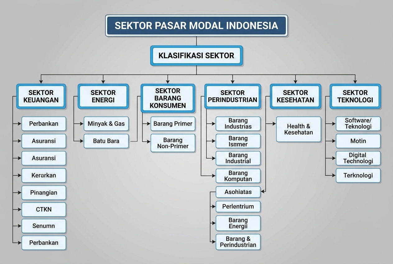 Diagram pengelompokan sektor pasar modal di papan tulis